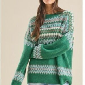 Altar'd State Cindy Green and Pink Patterned Crewneck Sweater